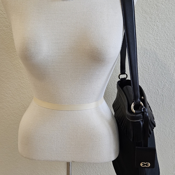Escada Black Canvas FRINGE Leather Trim Shoulder Bag Interior Snap Closure Inter - Picture 4 of 16